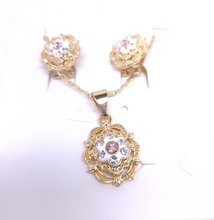 Load image into Gallery viewer, Pink and white flower brooch with clear crystals