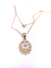 Load image into Gallery viewer, Pink and white flower brooch with clear crystals