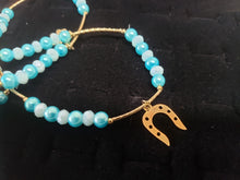 Cargar imagen en el visor de la galería, Aqua blue crystal and pearls bangle with hanging pendants