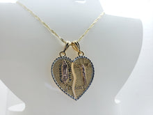 Load image into Gallery viewer, Tri color Our Lady of Guadalupe next to Jesus on the cross in a ripped heart (two in one) - Rosina Jewlery