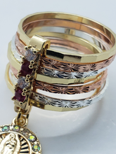 Cargar imagen en el visor de la galería, Tri color Our Lady of Guadalupe Bangle bracelet with red & clear crystals