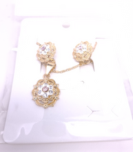 Load image into Gallery viewer, Pink and white flower brooch with clear crystals