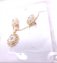 Load image into Gallery viewer, Pink and white flower brooch with clear crystals