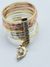 Load image into Gallery viewer, Tri color bangle with dolphin pendant and clear crystals