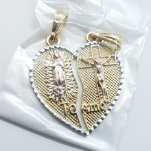 Load image into Gallery viewer, Tri color Our Lady of Guadalupe next to Jesus on the cross in a ripped heart (two in one) - Rosina Jewlery