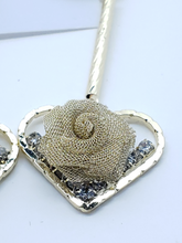 Load image into Gallery viewer, Hanging gold mesh rose in hollow heart with clear crystals