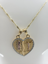 Load image into Gallery viewer, Tri color Our Lady of Guadalupe next to Jesus on the cross in a ripped heart (two in one) - Rosina Jewlery