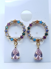 Cargar imagen en el visor de la galería, Multi colored crystal hollow circle with hanging pink crystal