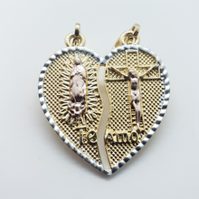 Load image into Gallery viewer, Tri color Our Lady of Guadalupe next to Jesus on the cross in a ripped heart (two in one) - Rosina Jewlery