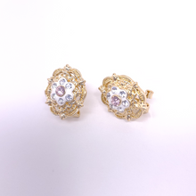 Load image into Gallery viewer, Pink and white flower brooch with clear crystals