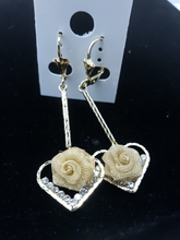Load image into Gallery viewer, Hanging gold mesh rose in hollow heart with clear crystals
