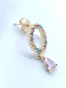 Multi colored crystal hollow circle with hanging pink crystal