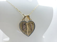 Load image into Gallery viewer, Tri color Our Lady of Guadalupe next to Jesus on the cross in a ripped heart (two in one) - Rosina Jewlery
