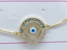 Cargar imagen en el visor de la galería, Hollow circle with multi color crystals and blue Turkish Evil Eye (bracelet)
