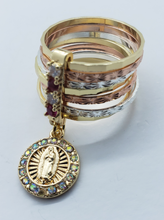 Cargar imagen en el visor de la galería, Tri color Our Lady of Guadalupe Bangle bracelet with red &amp; clear crystals
