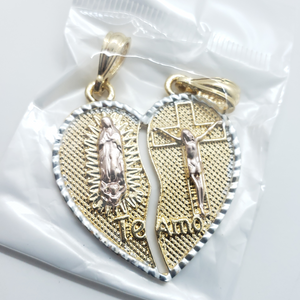 Tri color Our Lady of Guadalupe next to Jesus on the cross in a ripped heart (two in one) - Rosina Jewlery