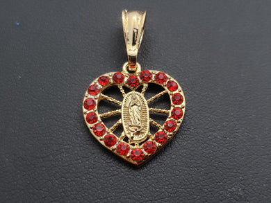 Heart shaped crystal covered Our Lady of Guadalupe / La Rosa de Guadalupe (red)