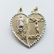 Load image into Gallery viewer, Tri color Our Lady of Guadalupe next to Jesus on the cross in a ripped heart (two in one) - Rosina Jewlery
