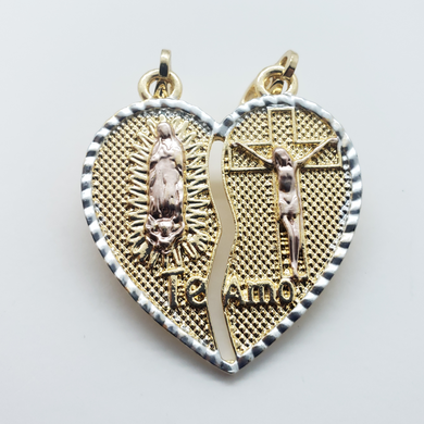 Tri color Our Lady of Guadalupe next to Jesus on the cross in a ripped heart (two in one) - Rosina Jewlery