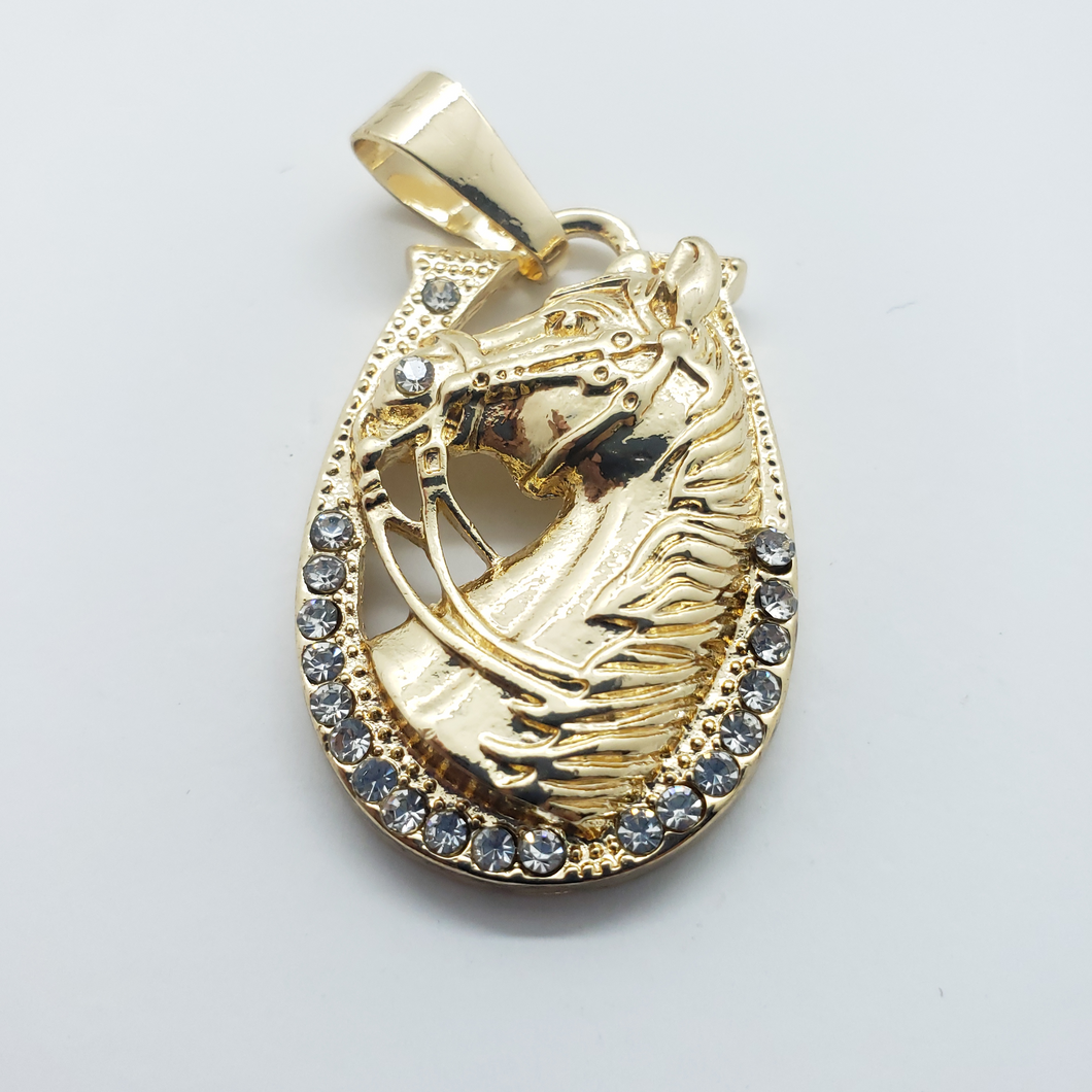 Horse head in horse shoe with clear crystals - Rosina Jewlery